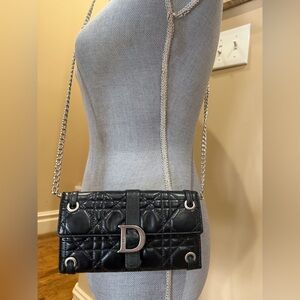 Dior Black Cannage Quilted Long Wallet W/unbranded chain